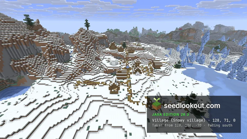 Snowy village between brown hills, a frozen river with pale blue ice spikes on the right