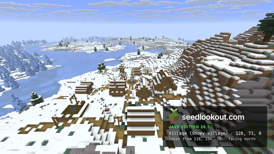 Wooden village houses on snow in the foreground, ice spikes and a frozen river beyond