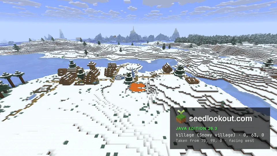 Snowy village with spruce-wood houses, a small lava pool on the snow and a frozen river behind, icy peaks on the horizon