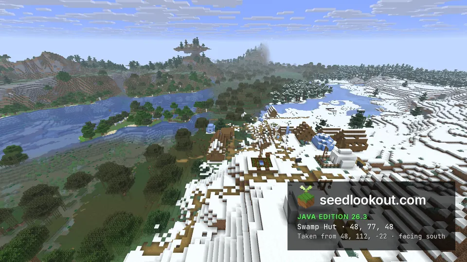 Snowy village houses on a white slope next to green swamp forest and a wide river with small islands
