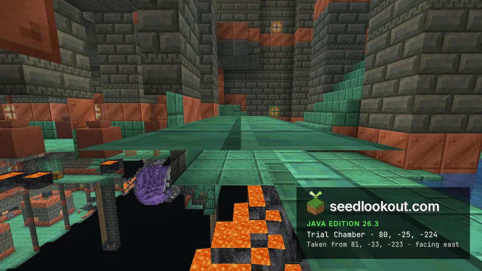 Tuff brick and copper walls with teal copper walkways, an amethyst cluster and lava below