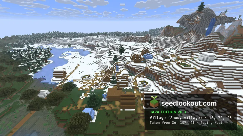 Snowy village houses and paths on white hills, a pale blue river on the left and a rocky peak behind