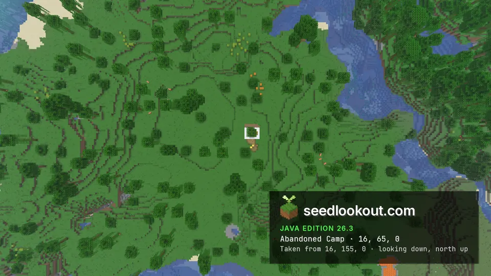Top-down view of a small white tent on green grass among round jungle treetops, with a river on the right