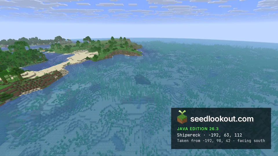 Shallow blue-green water with a dark shipwreck shape on the sea floor, a jungle shore and sand beach on the left