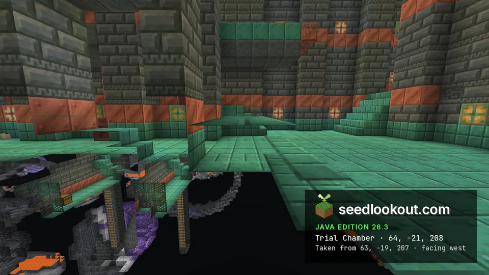 Trial chamber hall with tuff brick walls, orange copper bands and a green oxidized copper floor