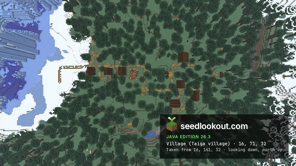 Top-down view of village houses and paths in spruce forest, frozen water and snow to the west