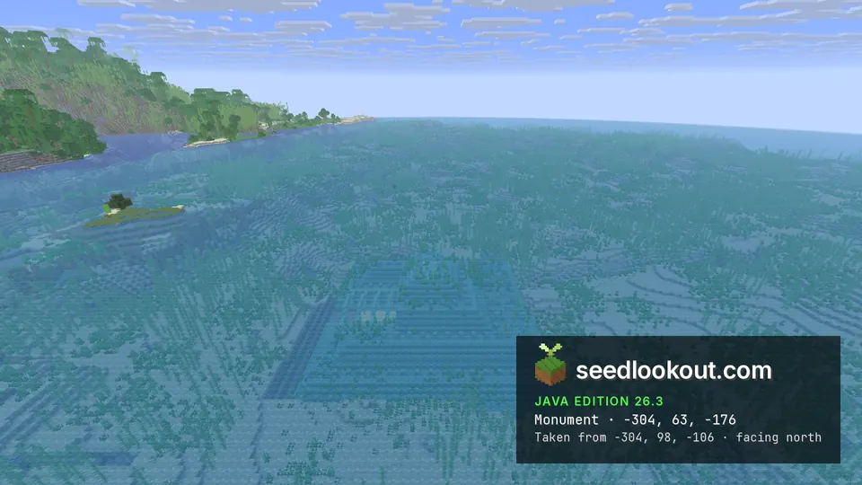 Ocean monument outline on the sea floor under clear water, a wooded shore and small islet behind