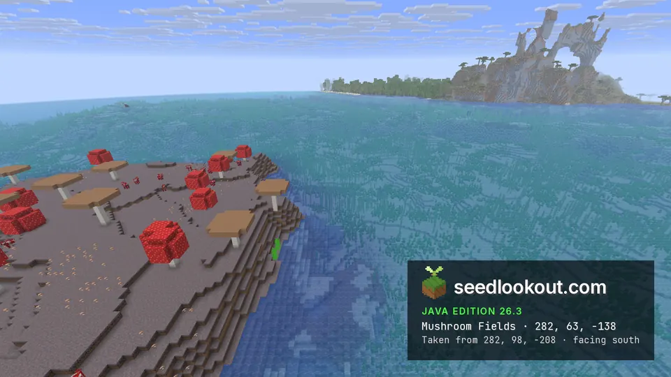 Mushroom island with giant red and brown mushrooms in clear sea, a forested coast and tall stone arch behind