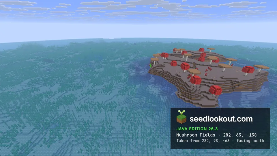 Small island covered in giant red and brown mushrooms in open teal sea