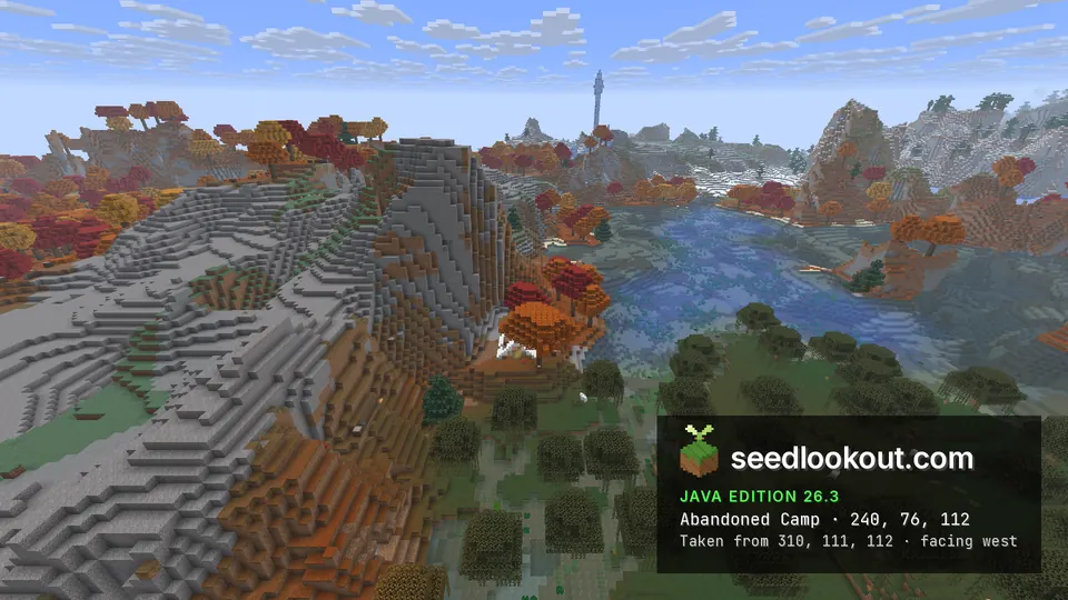 Red and orange trees on grey stone hills above a river, with a tall ice spike on the skyline