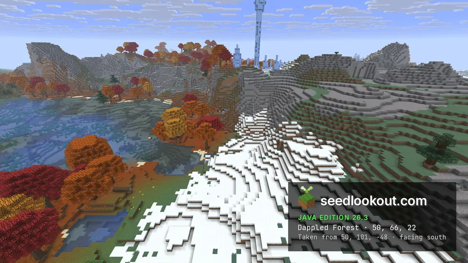 Red and orange dappled trees beside a snowy slope, a river, grey stone hills and a tall blue ice spike