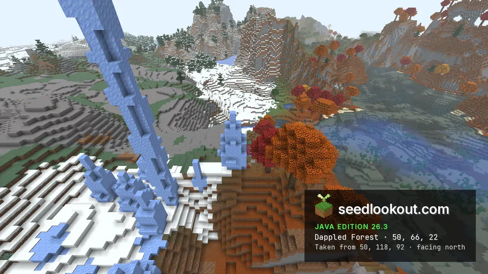 Tall blue ice spikes on snow next to red and orange trees, with stone hills and a river beyond