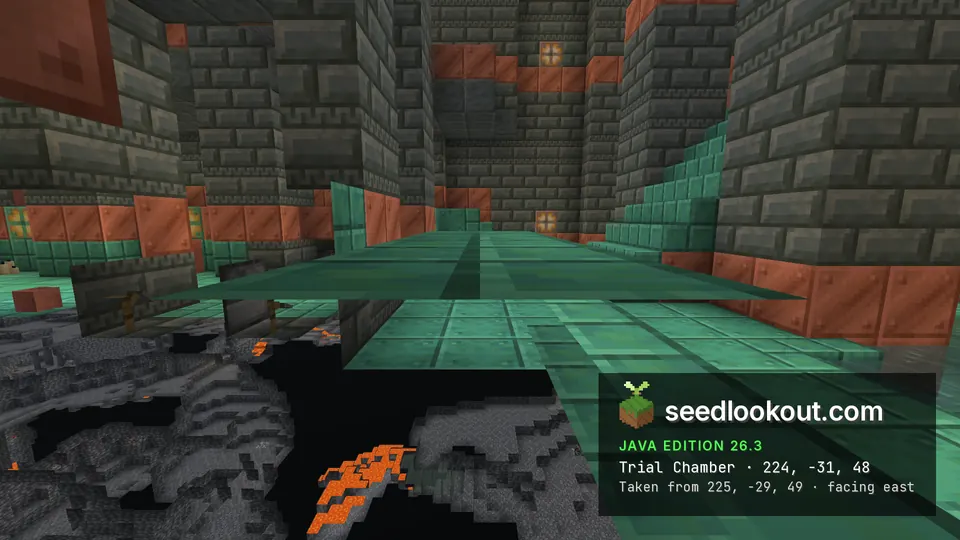 Trial chamber hall with tuff brick walls, copper blocks and a raised oxidized copper walkway