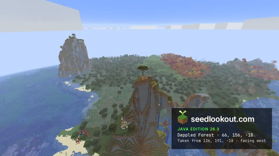 Top of a rock pillar with one tall tree, swamp forest and red and orange trees on the hills beyond