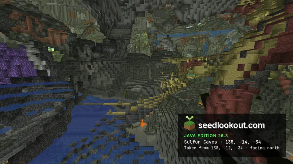 Underground cutaway of a cave with a shallow pool, yellow blocks with hanging spikes and purple amethyst