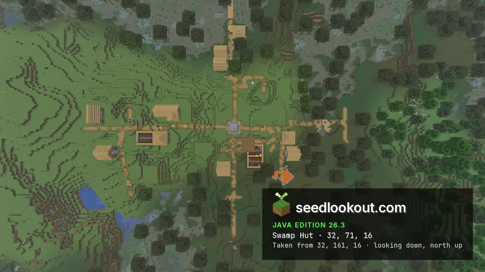Top-down view of a plains village with a stone well at the crossroads and a dark hut roof just below it