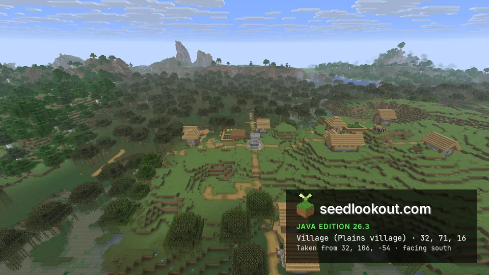 Plains village houses and paths in a grassy clearing surrounded by dark swamp trees, rock spires on the horizon