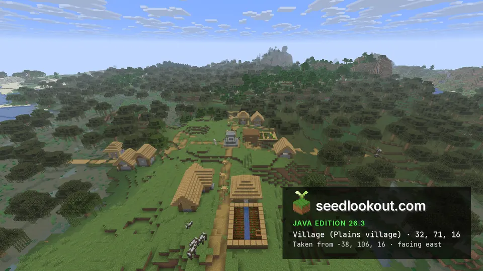 Village houses and a farm along a dirt path, swamp forest around and rocky hills in the distance