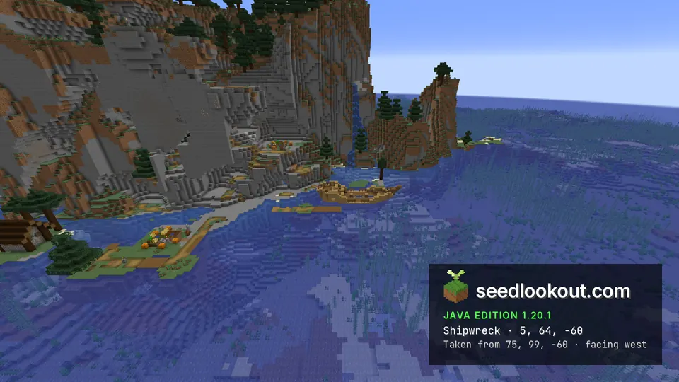 Wooden shipwreck in shallow water below grey cliffs, next to a village farm on the shore