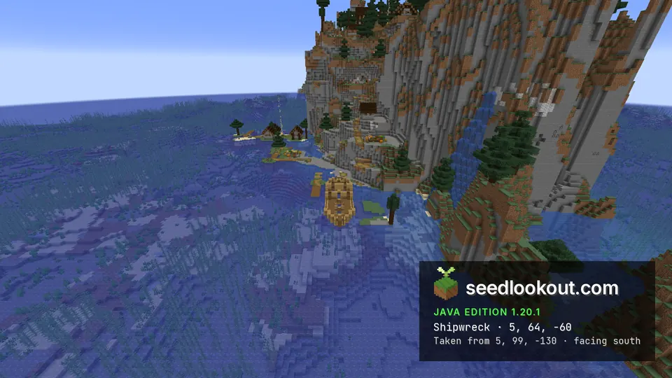 Shipwreck below a tall cliff with a waterfall, village houses on small islets to the left
