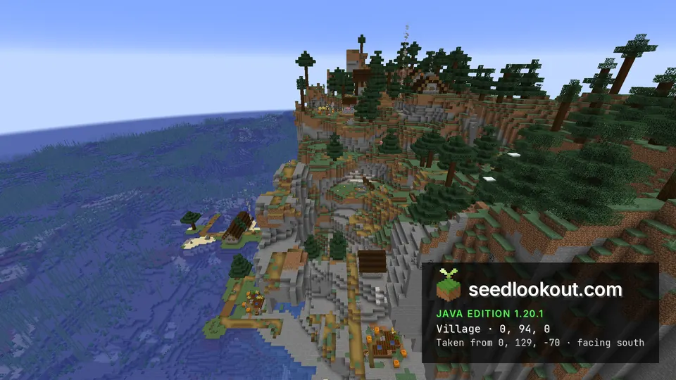 Taiga village houses and pumpkin farms on stone cliff ledges above the ocean