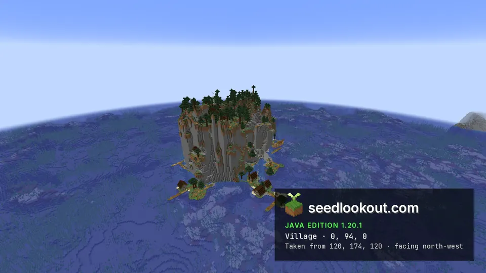 Steep taiga cliff island in open ocean with village houses at its base and a shipwreck in the shallows
