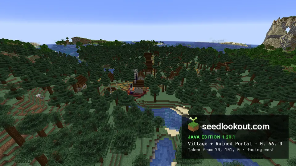 Taiga village and ruined portal from the east, across a river through spruce forest in Minecraft Java 1.20.1