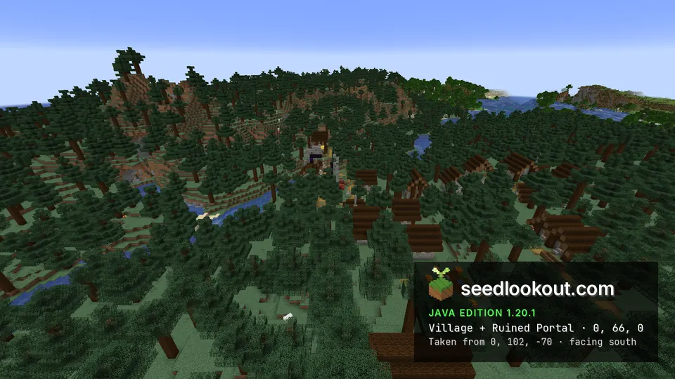 Spruce-wood taiga village houses and a pumpkin farm under a thick spruce canopy, with the portal ruin behind