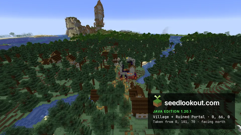 Ruined portal with obsidian and netherrack in a taiga village surrounded by spruce forest, tall rock spire behind