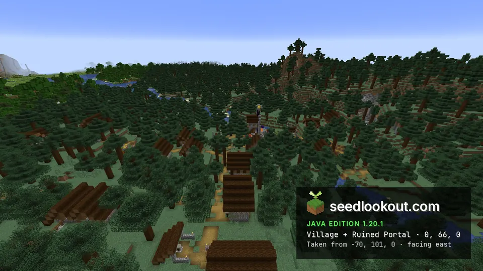 Taiga village from the west, with dark wood houses along a path leading to the ruined portal