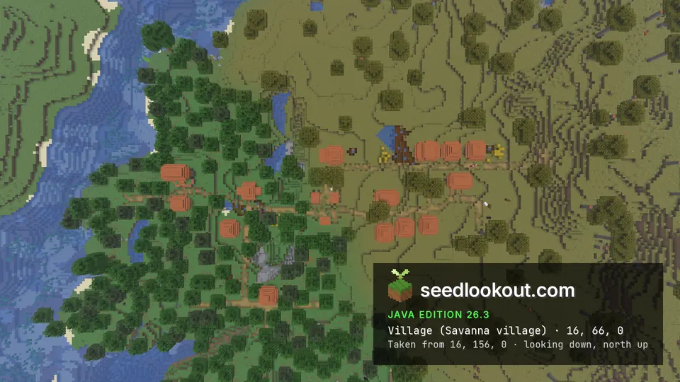 Top-down view of orange roofs and paths on savanna grass, with a dense forest and a river on the left