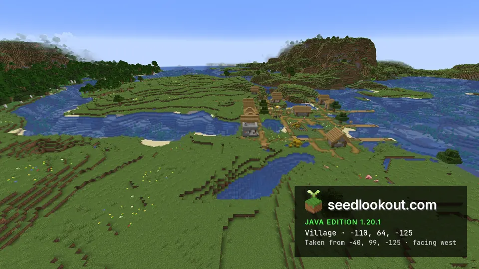 Plains village among ponds and river inlets with a tall wooded hill behind, seen from the east
