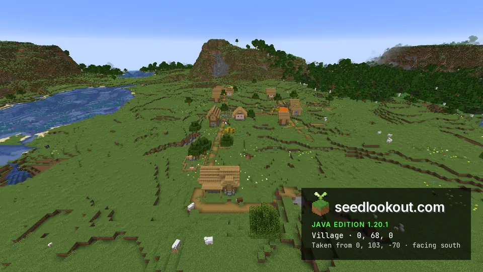 Plains village houses along a dirt path with a small lava pool and a steep stony hill beyond