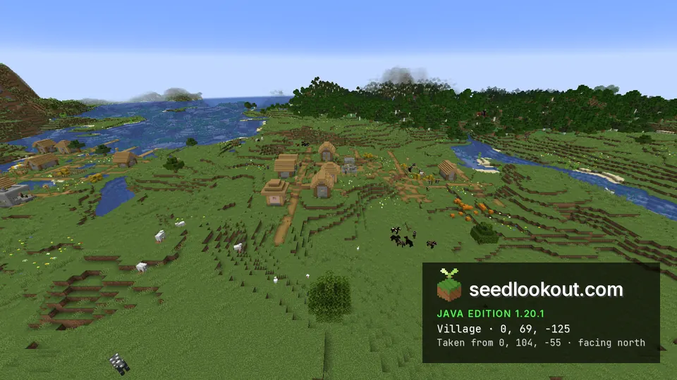 Plains village at 0, -125 with horses grazing in front and a second village visible to the west