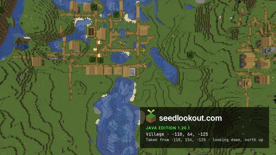Top-down view of a plains village around ponds with a row of houses on its south path and another village to the east