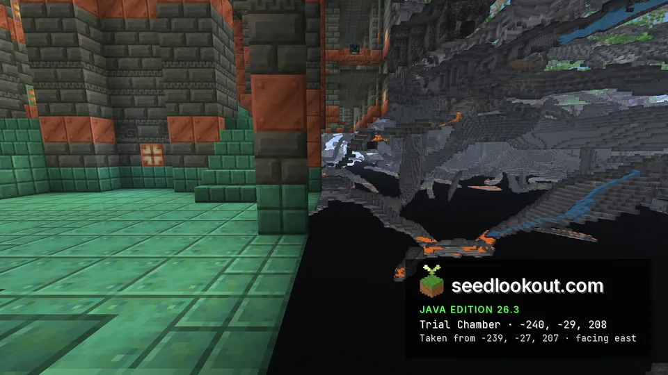 Tuff brick room with copper bands and an oxidized copper floor, a deepslate cave opening beside it