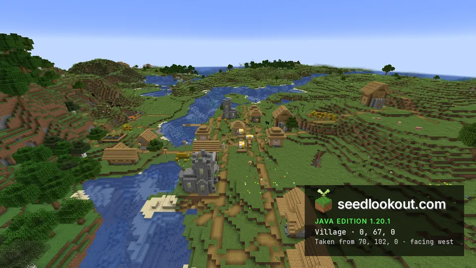 First plains village from the east, with a cobblestone tower beside a river and houses along the main road