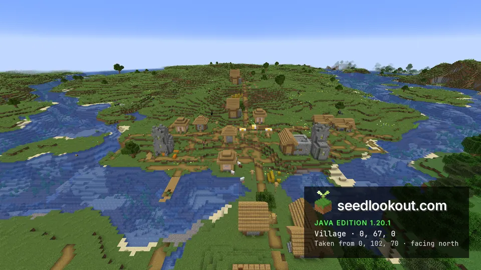 Plains village with cobblestone towers and market stalls between two river channels at 0, 0 in seed 4698916
