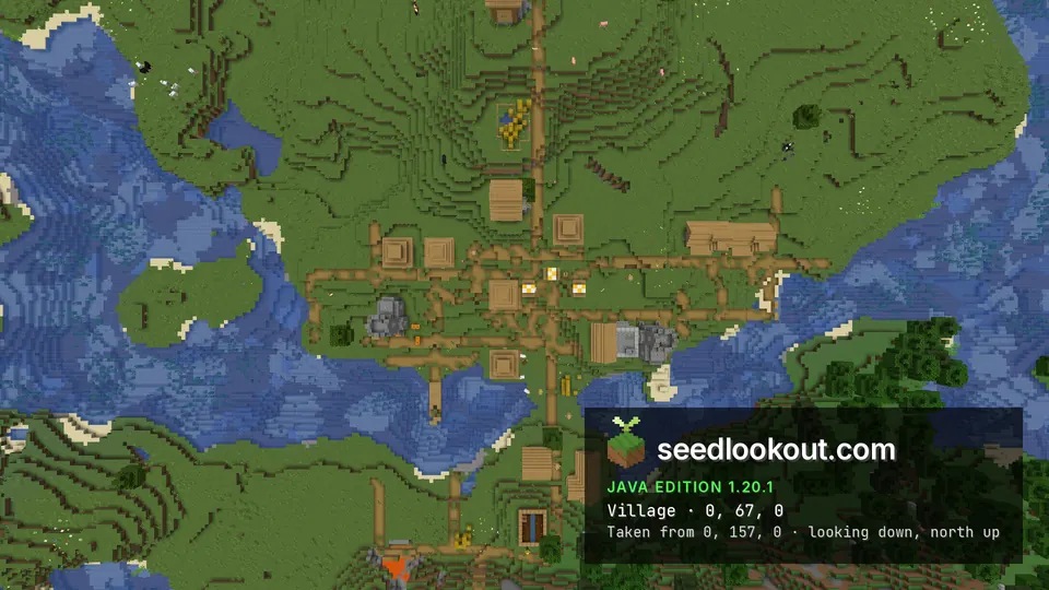 Top-down view of a plains village crossroads surrounded by rivers in Minecraft Java 1.20.1