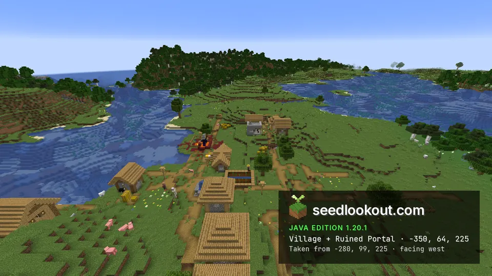 Second plains village from the east, with the ruined portal by the river and forested hills behind
