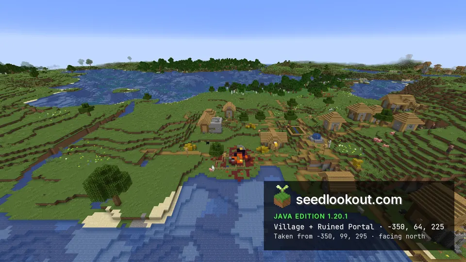 Ruined portal with netherrack and magma beside a plains village well on a riverbank, Minecraft seed 4698916