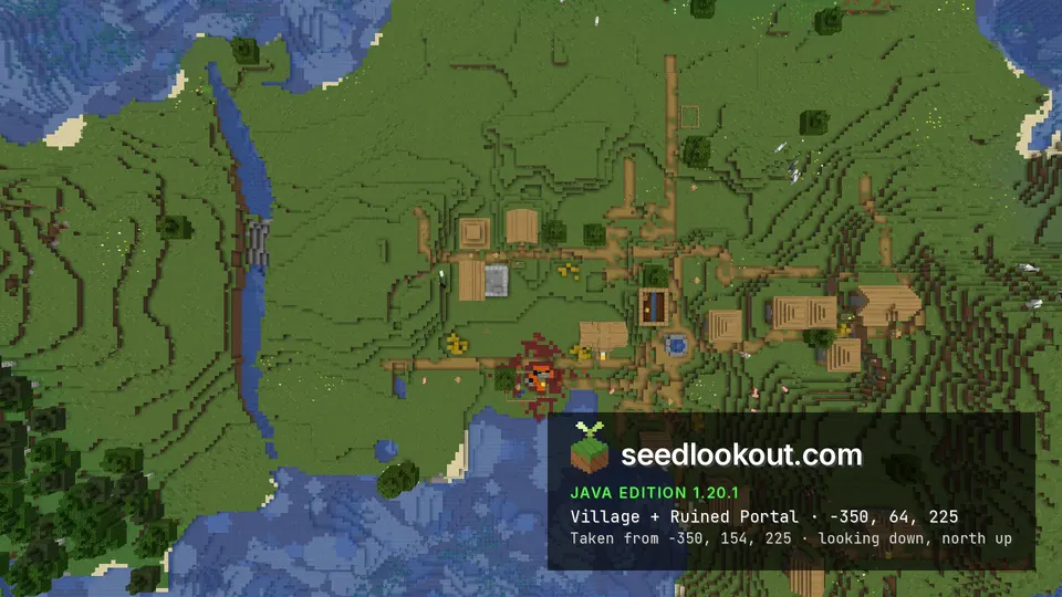 Top-down view of the second plains village at -350, 225 with the ruined portal near the river