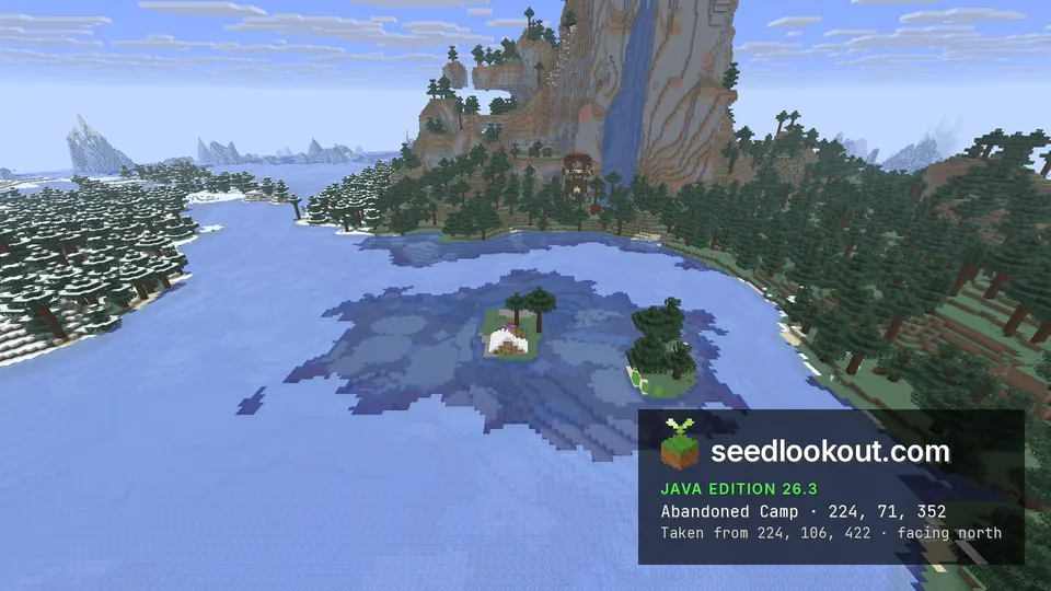 White tent on a small tree-covered island in a lake, an outpost tower and a waterfall cliff on the shore behind