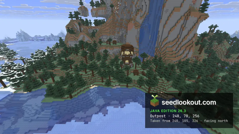 Dark wooden outpost tower in spruce forest below a tall cliff with a waterfall, a lake in front