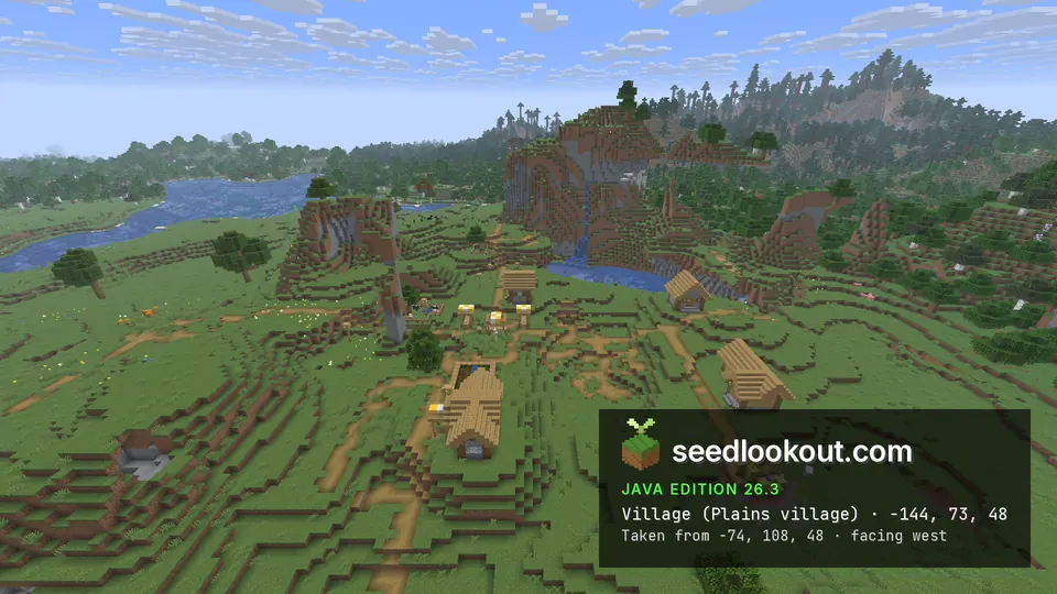Plains village houses on green slopes below a rock outcrop with a waterfall falling into a pool, spruce hills behind