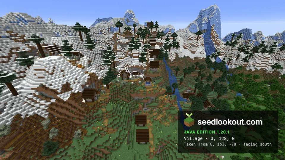 Taiga village houses climbing a snowy slope beside a stream, with icy mountain peaks behind