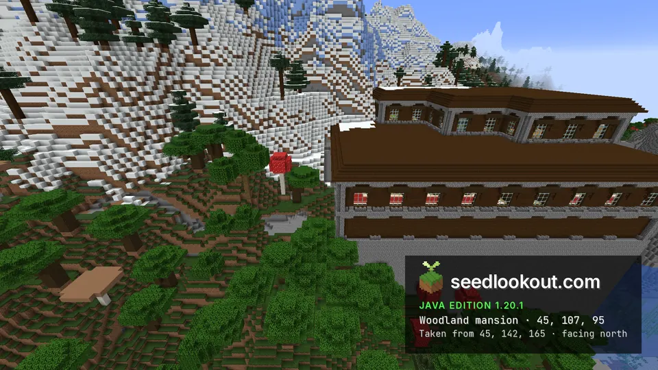 Close view of the dark oak woodland mansion walls and windows beside a snowy mountainside