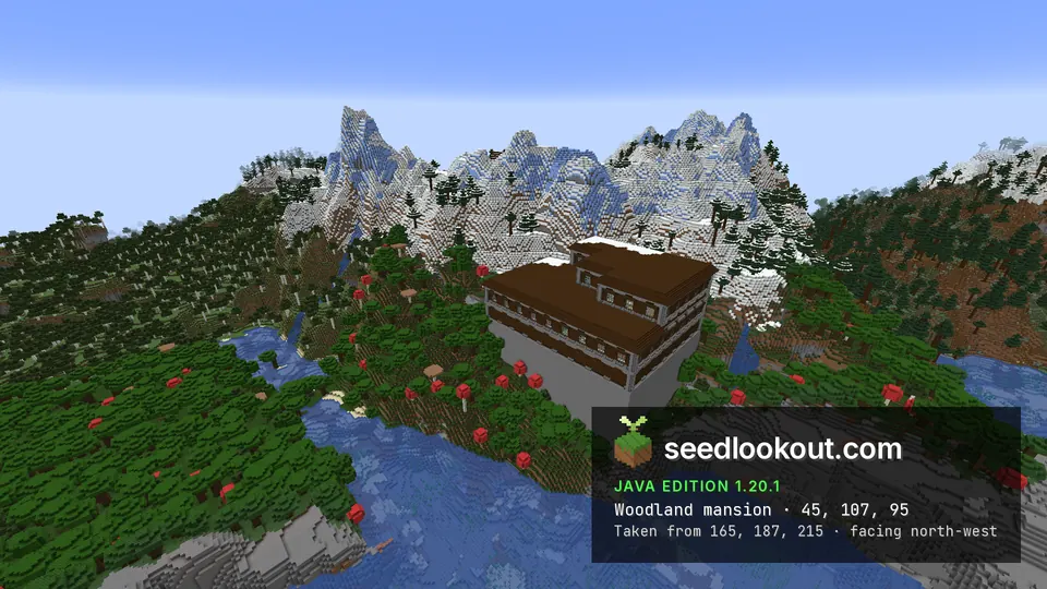 Woodland mansion on a tall cobblestone base in dark forest with red mushrooms, snowy peaks behind