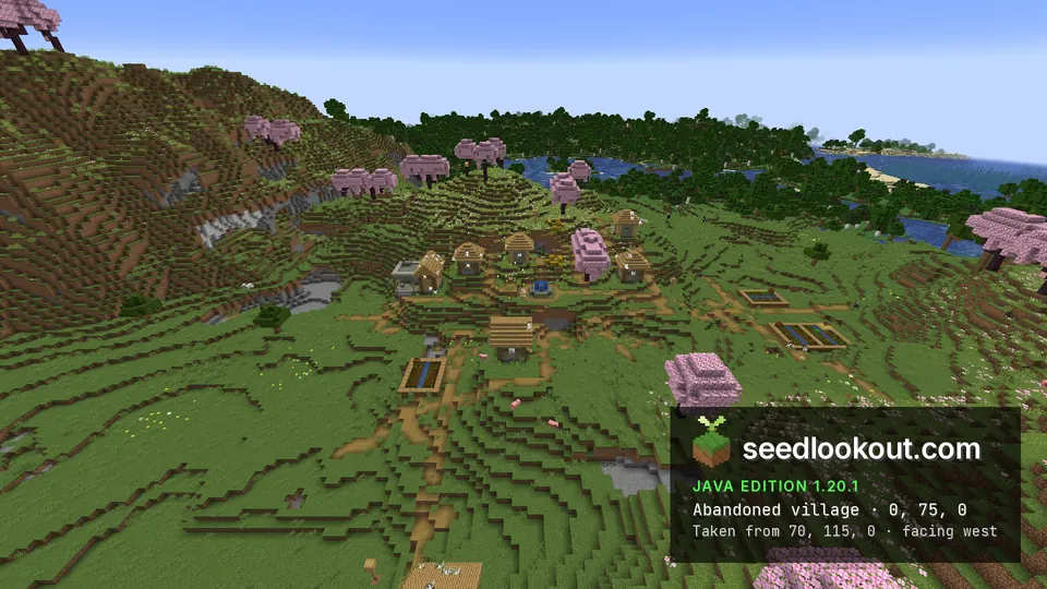Abandoned plains village with thatched roofs and farms on grassy hills, cherry trees and a lake behind