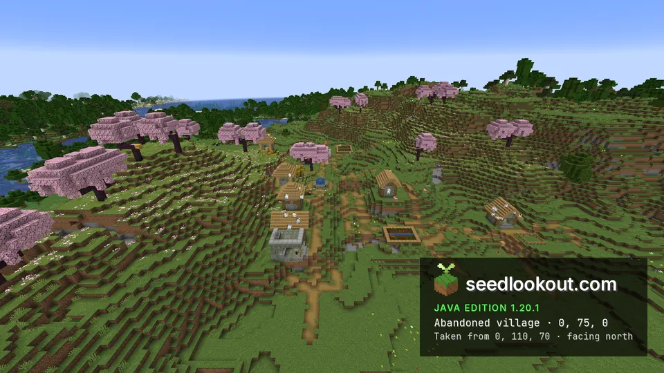 Abandoned village houses with cobwebs on the roofs along a dirt path, cherry trees on the slope to the left